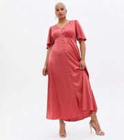 New Look Curves Deep Pink Satin Flutter Sleeve Button Front Midi Dress